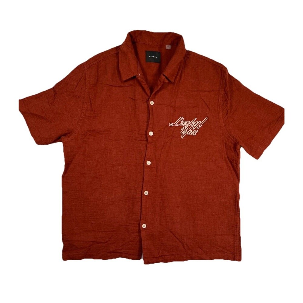 PacSun Lucky You Oversized Camp Shirt Orange Button Up Men’s Medium Retro Bowl